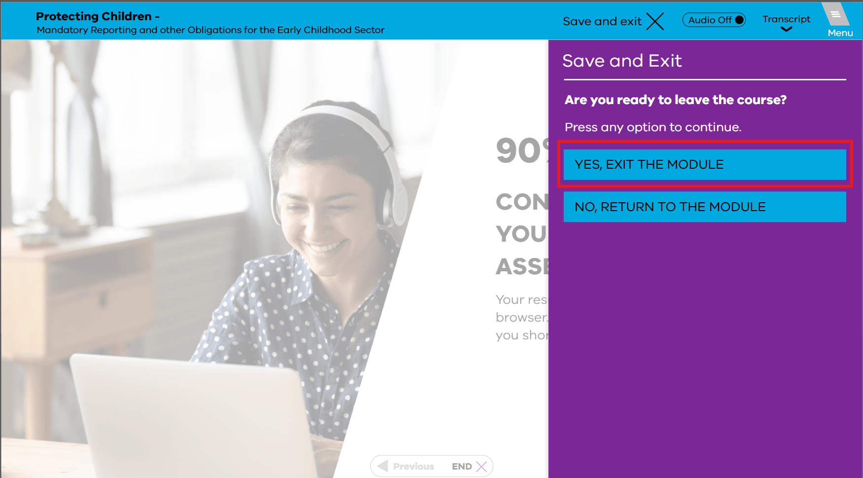 Image of end of 'Protecting Children - Mandatory Reporting and Other Obligations Early Childhood' assessment module 