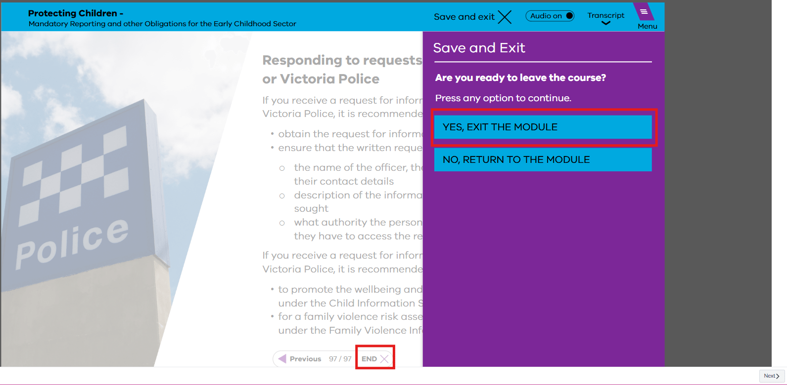 Image of end screen of Protecting Children - Mandatory Reporting and Other Obligations Early Childhood course, prompting user to exit the learning module.