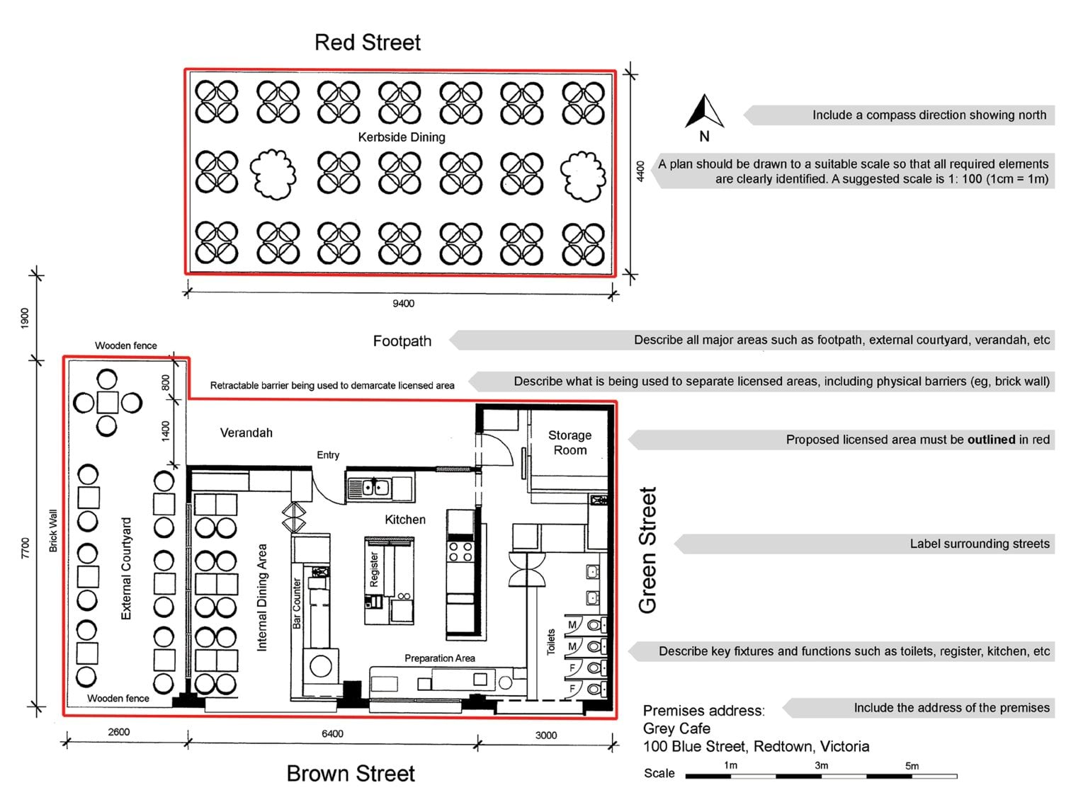 A drawing in black of the layout of a venue with blueprint-style images showing bathrooms, tables, chairs and outdoor areas. The outside of the venue is outlined in red. There is a separate box outlined in red showing an area with chairs and tables on the footpath. The address, a scale and a compass pointing north have been included.