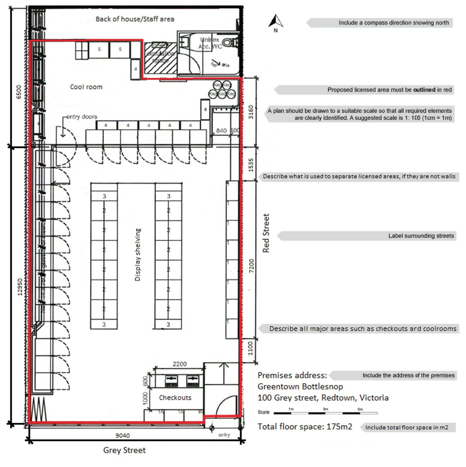 A drawing in black of the layout of the shop venue with pictures showing bathrooms, shelving and entry and exists. The shop floor, registers and cool room are outlined in red. The toilets and back of house area is not included in the red line. The address, a scale and a compass point north have been included.
