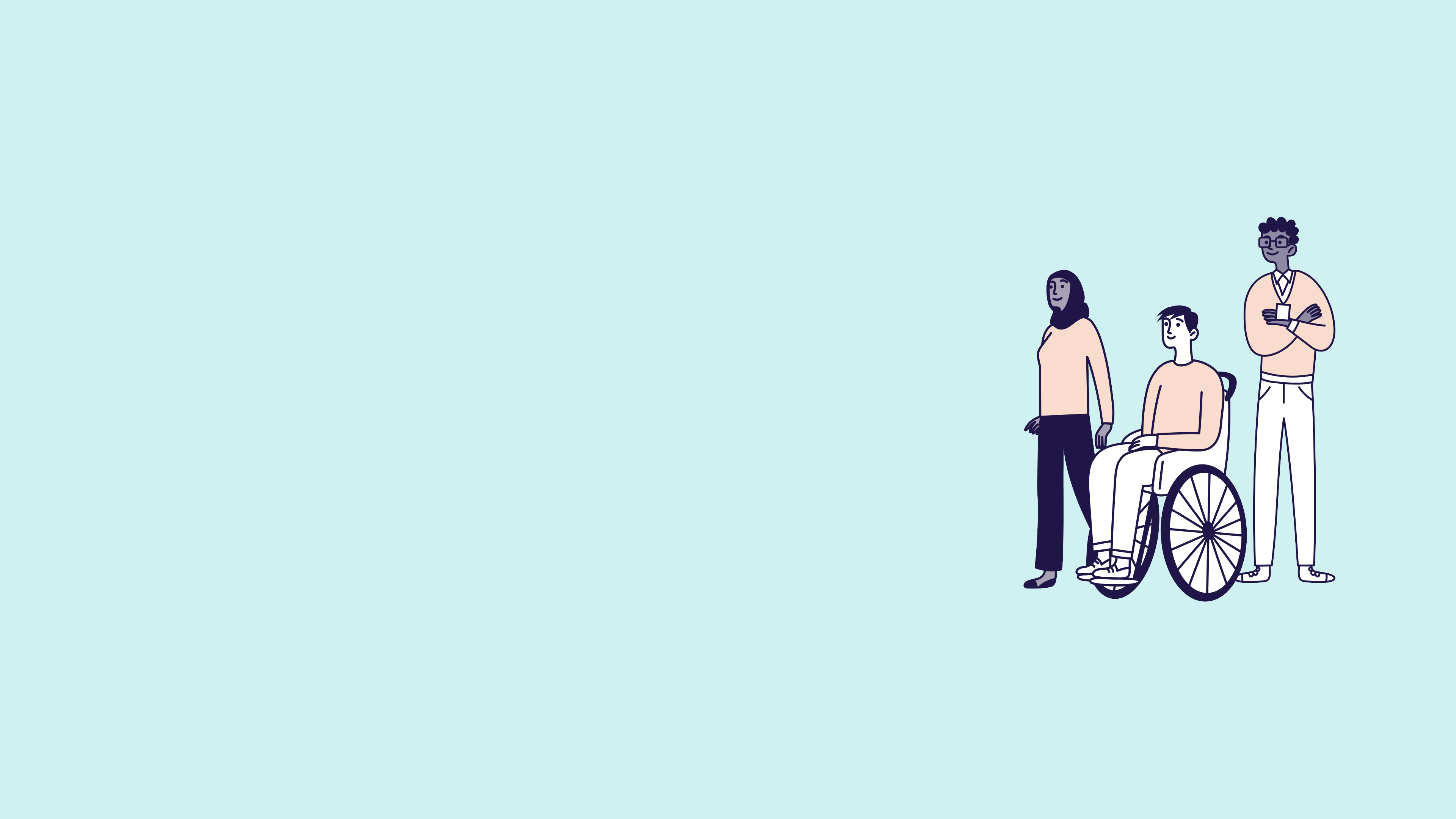 Illustration of three education staff standing in a group on a light blue background. 