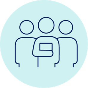 Icon showing three students, one holding a square item.