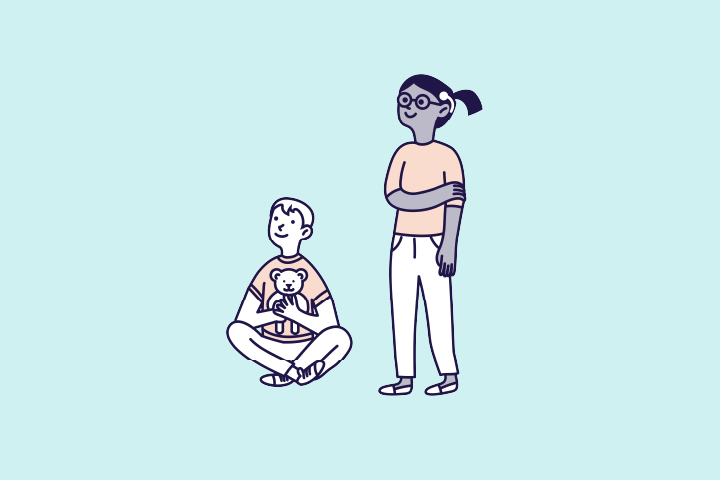 Two illustrated children on a blue background.