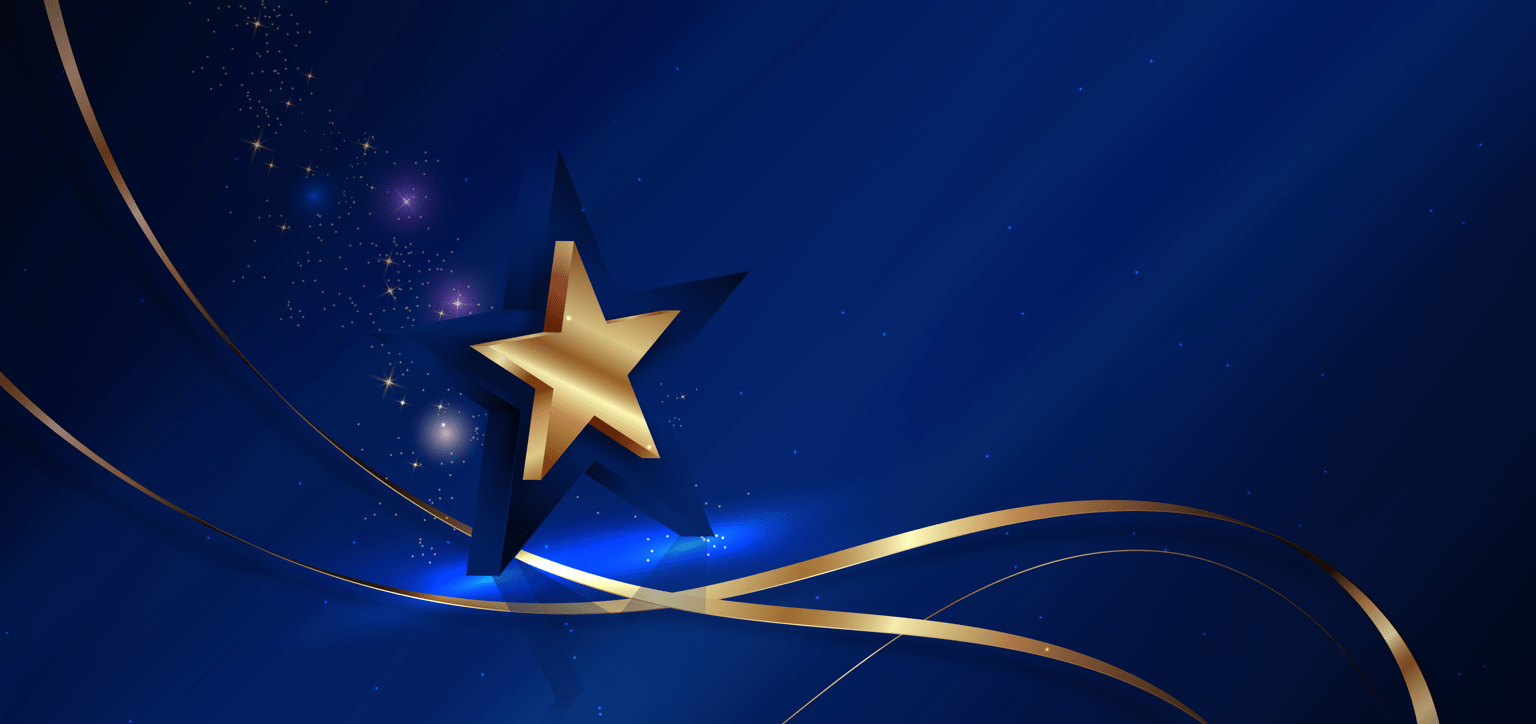 Illustration of a gold star and ribbons floating on a blue background
