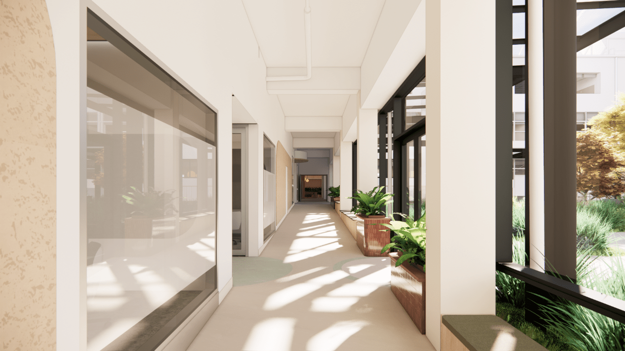 An artist's render of a brightly lit hallway with large windows, indoor plants and meeting rooms on either side.