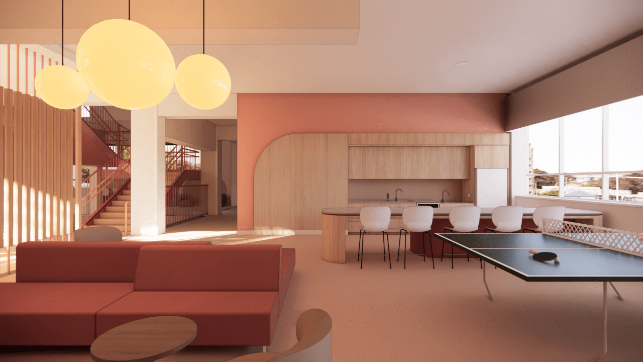 An artist's render of a modern kitchen space, with chairs at a long bench, a couch and a table tennis table.