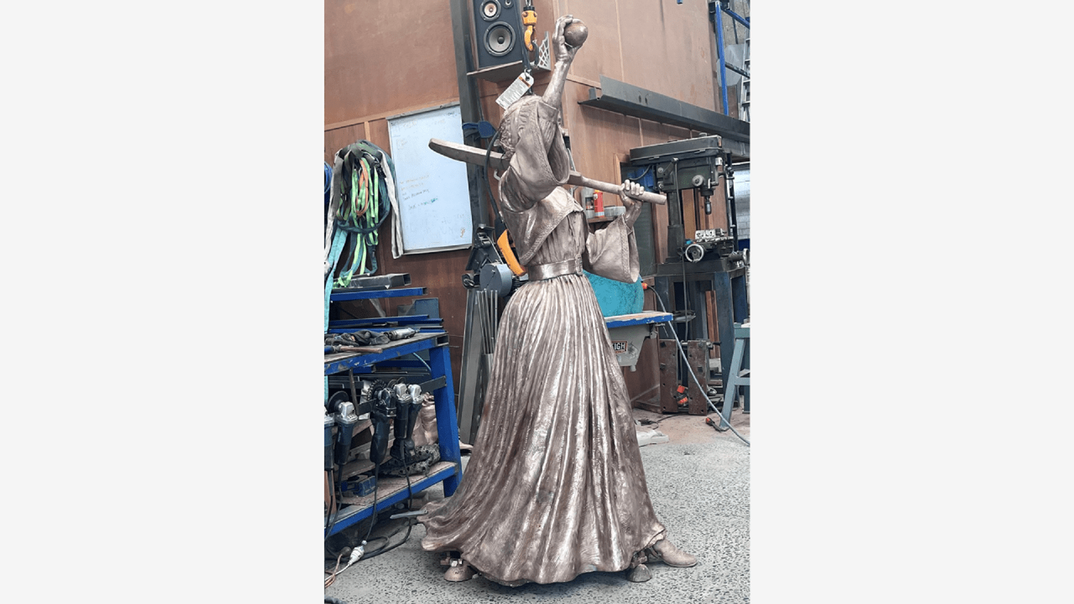 Barbara Rae sculpture bronze in foundry full length side
