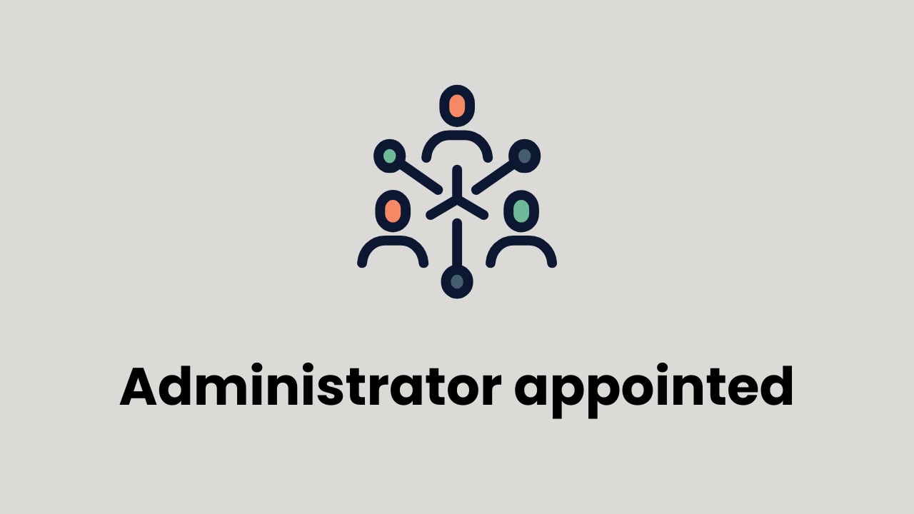 Horizontal rectangular tile with grey background that features an icon and text. The icon, at the top of the tile, feautures a basic outline of one person connected to two other people via a series of lines, to demonstrate system connectedness. The text below the icon says "Administrator appointed" 