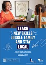 An adult at a laptop smiling at a child. Learn new skills, juggle family and stay local. Low-cost courses for all Victorians at over 200 locations across the state. Your goals, your way. Visit vic.gov.au/learnlocal to explore courses near you.